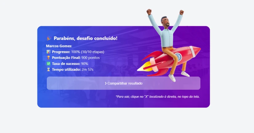 Tela de conclusão com pontuação e compartilhamento de resultado no LetzQuiz