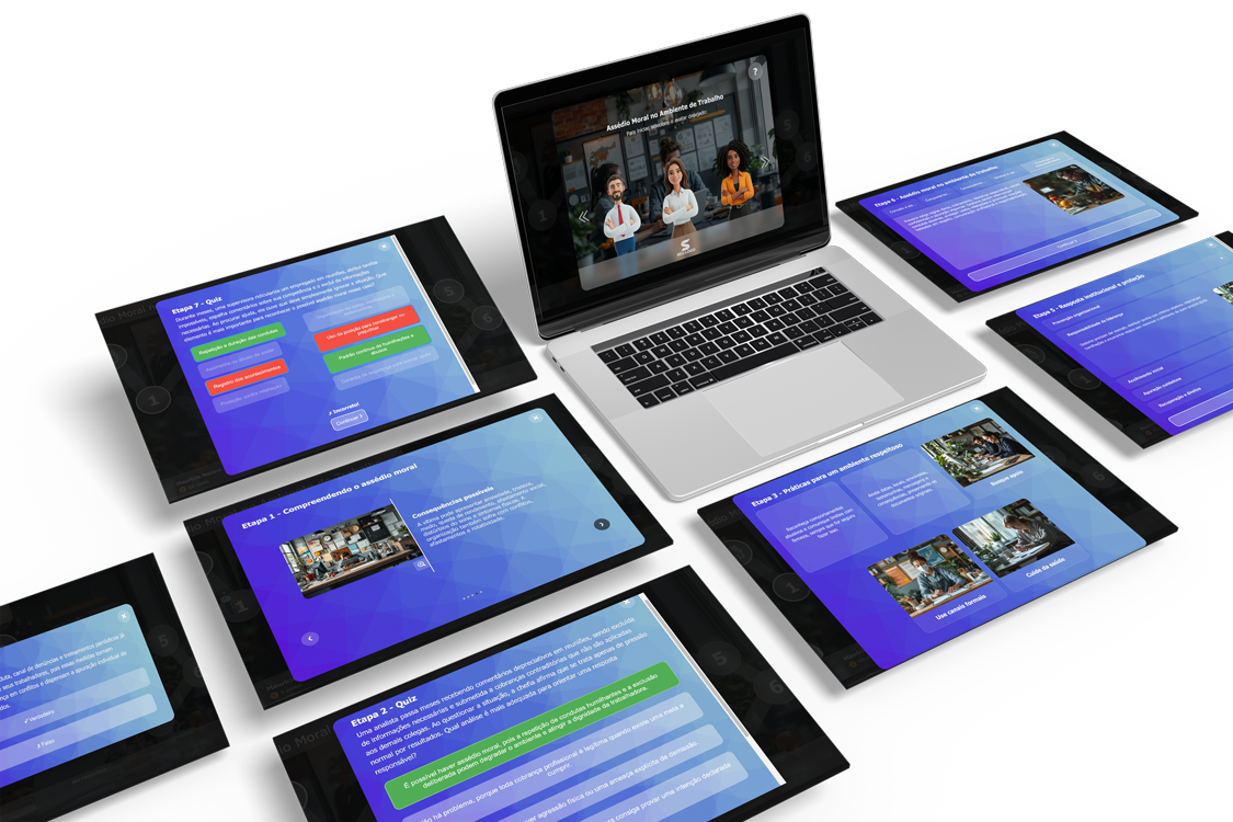 Exemplos de telas interativas, personagens e quizzes criados no LetzQuiz